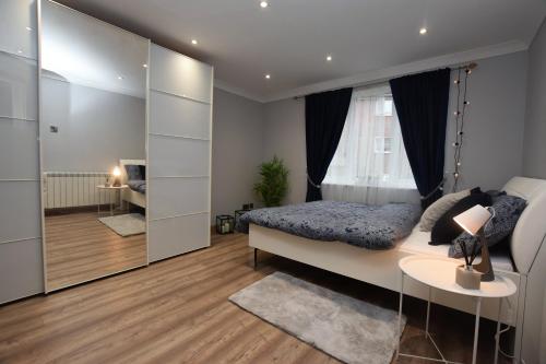 a bedroom with a bed and a large mirror at Lovely Apartment close to the Town Centre & Train Station in Northampton