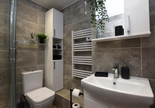 a bathroom with a white toilet and a sink at Lovely Apartment close to the Town Centre & Train Station in Northampton