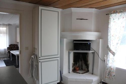 a living room with a fireplace and a microwave at Lilly's house, Swedish High Coast in Docksta