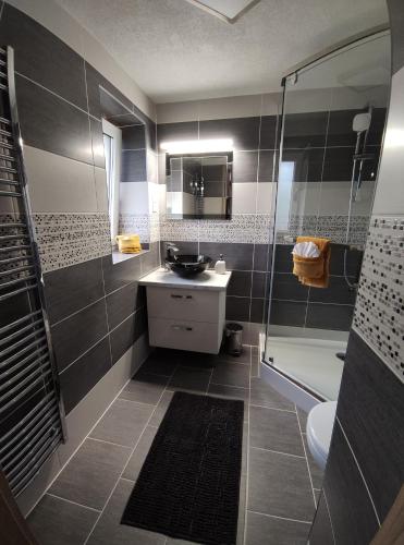 a bathroom with a sink and a shower and a toilet at Apartmány ANJA in Vysoke Tatry - Tatranska Kotlina