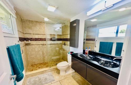 a bathroom with a shower and a toilet and a sink at Close to beaches with hot tub and large garden in Sarasota