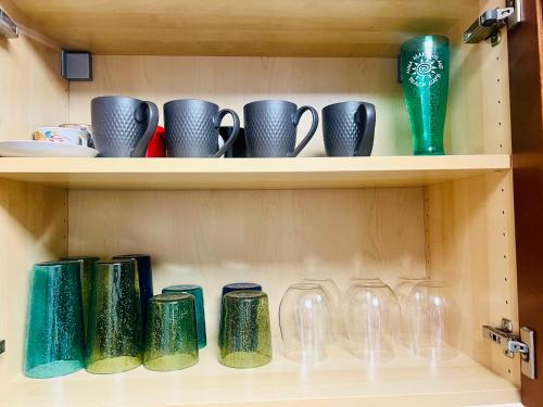 a shelf with green and blue cups and vases at Close to beaches with hot tub and large garden in Sarasota