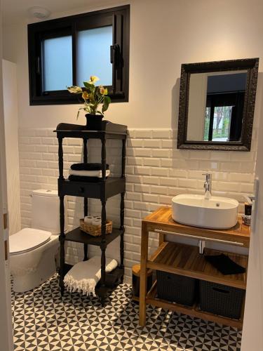 La salle de bains est pourvue d'un lavabo et de toilettes. dans l'établissement OSTAL 158, à Le Barp