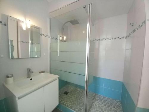 une salle de bain avec une douche en verre et un lavabo dans l'établissement Royan vue mer, à Royan
