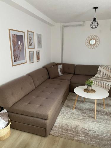 a living room with a brown couch and a table at Apartmani Lazarevic Jagodina in Jagodina