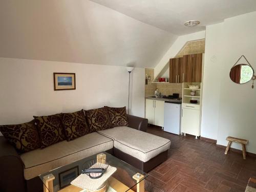 ein Wohnzimmer mit einem Sofa und einer Küche in der Unterkunft Gorska Vila Apartments in Žabljak
