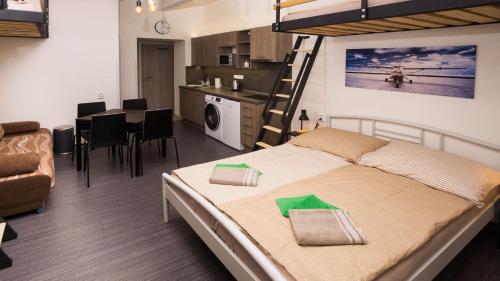 プラハにあるFlying Bed Apartment close to Prague Castle and Airportのベッドルーム1室(ロフトベッド1台付)、キッチン、ダイニングルームが備わります。