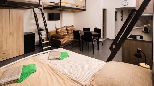 1 dormitorio con litera y sala de estar en Flying Bed Apartment close to Prague Castle and Airport en Praga