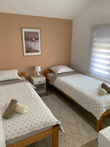 a bedroom with two beds and a window at Apartmani Lazarevic Jagodina in Jagodina