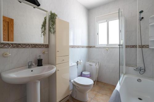 a bathroom with a sink and a toilet and a shower at Villa Liviana, Piscina Barbacoa y preciosas vistas Málaga by CostaDelSolEscapes in Cómpeta