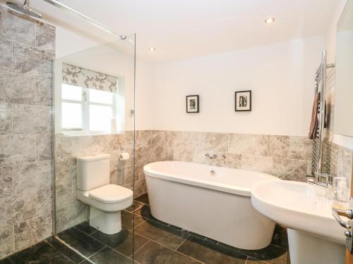 a bathroom with a tub and a toilet and a sink at Oak Tree Lodge in Rackheath