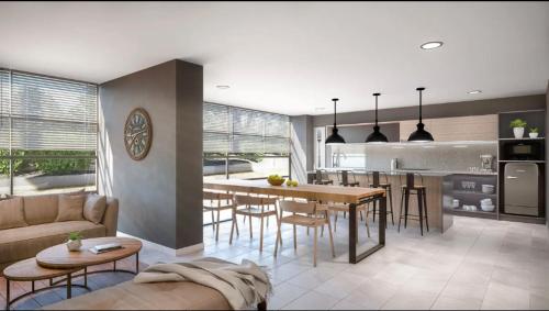Кухня или мини-кухня в Maravilloso Departamento Nuevo, en edificio ECO COSTAS de Concon frente a Dunas y al JUMBO en Bosques De Montemar con Estacionamiento gratuito techado-check in 24-7 cable y wifi
