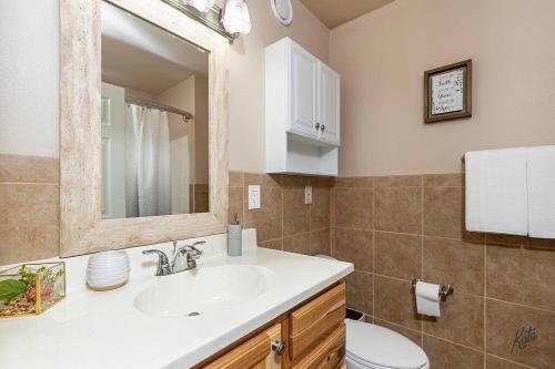 a bathroom with a sink and a toilet and a mirror at BirchHill retreat Getaway Great Location ! in Fairbanks