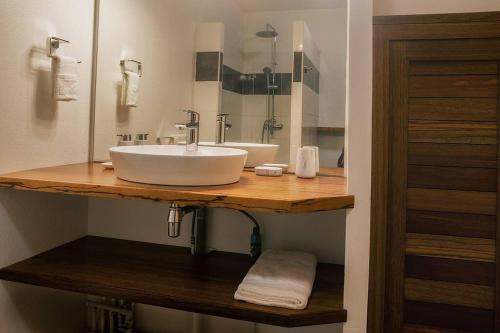 een badkamer met een wastafel en een spiegel bij Studio cosy entre plage et foret in Rémire-Camp