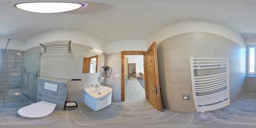 a bathroom with a shower and a sink and a toilet at Apartmany JA&MA in Liptovský Mikuláš