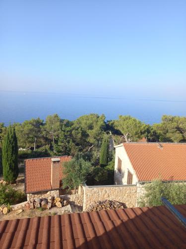 a view of a house with the ocean in the background at Apartments Berti in Sveta Nedelja