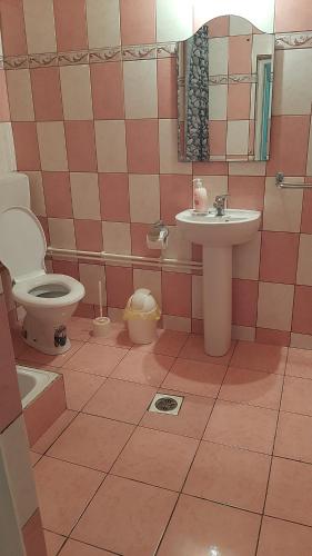 uma casa de banho com um WC e um lavatório em Casa La Bunica em Costinesti