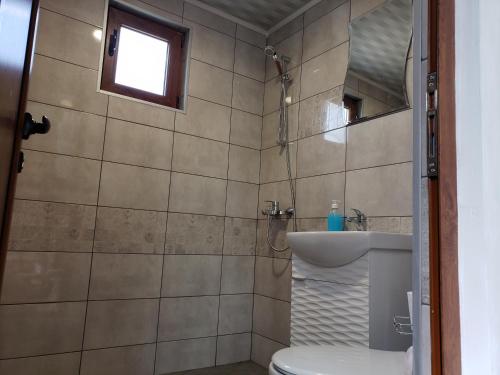 ein Badezimmer mit Toilette und Waschbecken in der Unterkunft Вила за гости Даная-Фар Шабла in Tyulenovo