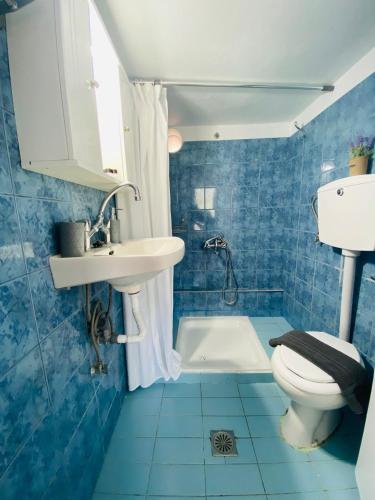 Ein blau gefliestes Badezimmer mit Toilette und Waschbecken in der Unterkunft Exanthia Sunset in Exanthia