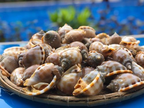 a pile of lobsters on a plate on a table at Stop And Go Lang Chai Boutique Resort in Phan Thiet