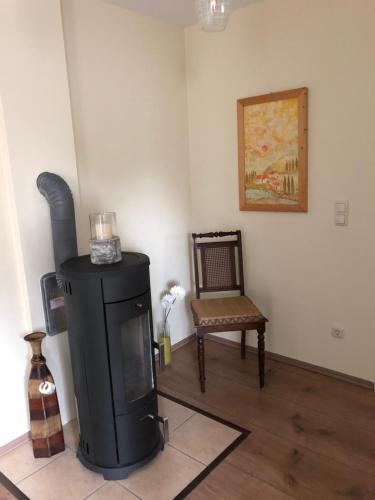 a living room with a wood stove and a chair at Appartment Maggy in Bad Liebenwerda