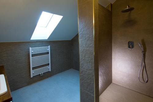 a bathroom with a shower with a skylight at Pension Libá in Libá