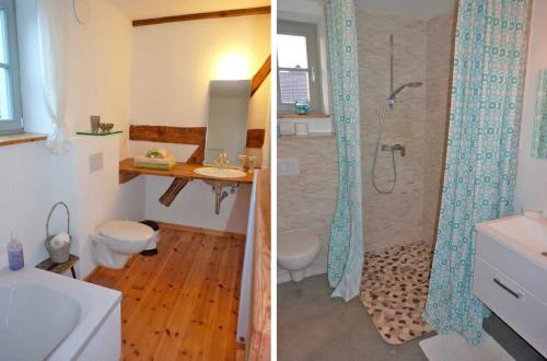 two pictures of a bathroom with a toilet and a shower at Ruheoase an der Seenplatte Objekt-ID 12030-3 