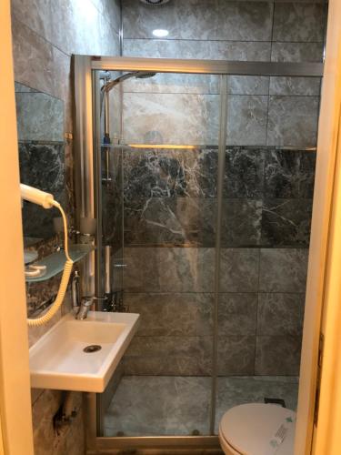 a bathroom with a shower with a sink and a toilet at Ziyagil Konağı in Amasya