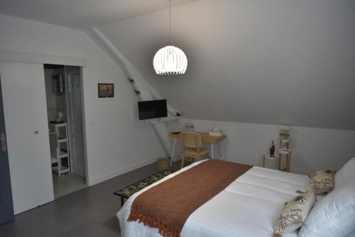 ein Schlafzimmer mit einem Bett und einem Fernseher darin in der Unterkunft Epicurieux Normand in Viessoix