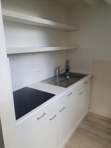 ブリュッセルにあるB96 appart 2 bedroomsの白いキャビネットとシンクのあるキッチン