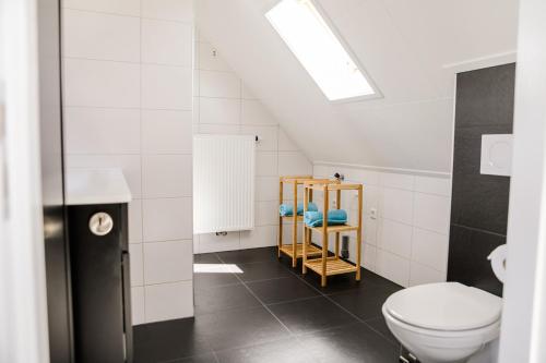 uma casa de banho com um WC e um lavatório em Appartement op de 1e verdieping. em Wemeldinge