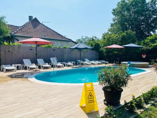 a swimming pool with chairs and umbrellas in a yard at Villa Larus in Palić