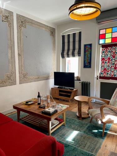 Heristage Istanbul في إسطنبول: غرفة معيشة مع أريكة حمراء وطاولة قهوة