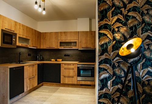 a kitchen with wooden cabinets and black appliances at Rezidence Rokytnice in Rokytnice nad Jizerou