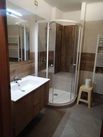 a bathroom with a shower and a sink and a toilet at Cozy tiny flat in Cadore Dolomiti in Calalzo