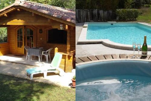 - deux photos d'une piscine et d'une maison avec une table dans l'établissement Chalet l'emiline , Gite climatisé au sud d'aix avec piscine, à Bouc-Bel-Air
