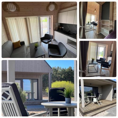 a collage of photos of a living room and a living room at Apartamentai “Kuršių Snauda” in Palanga