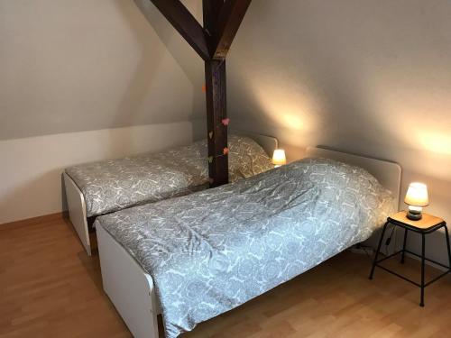 two twin beds in a room with two lamps at Spacieux gîte jusqu'à 12 personnes in Ammerschwihr