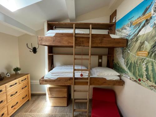 une chambre avec un lit superposé avec une échelle dans l'établissement Residence La Verte 24- Aux Pieds des pistes!, à Chamonix-Mont-Blanc