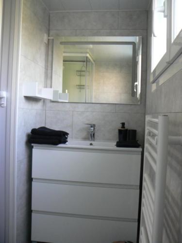 a bathroom with a sink and a mirror at Les volets verts in Le Crotoy