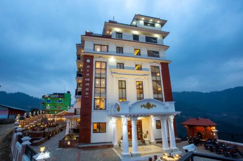 a large building with lights on top of it at Hotel Ghyampe Dada in Bhaktapur