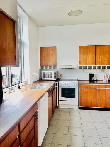 a large kitchen with wooden cabinets and a counter top at aday - Private room - Frederikshavn Center in Frederikshavn
