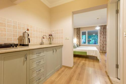 a kitchen with a sink and a bed in a room at Gurel Garden House in Kucukkuyu