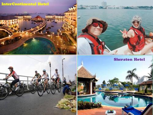 a collage of photos of people riding bikes at a resort at Eden Westlake Hotel in Hanoi