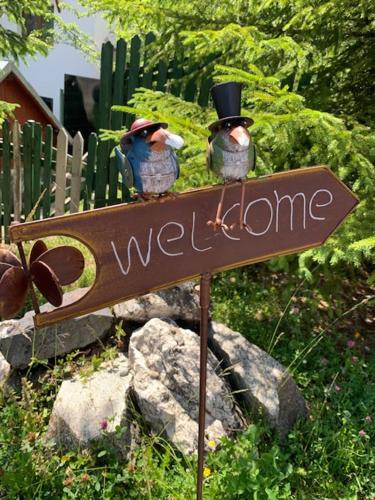 two birds sitting on top of a welcome sign at HOTEL CARPAT INN in Azuga