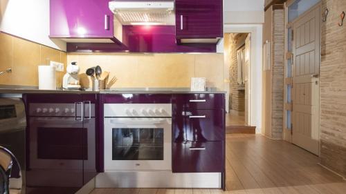 a kitchen with purple cabinets and a stainless steel oven at Capricho Toledano in Toledo