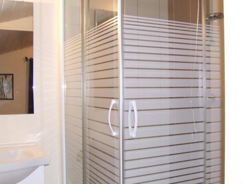 una puerta de ducha de cristal en un baño con lavabo en LE PUY DU FOU A ENVIRON 5 KM GÎTE 6 PERSONNES en Chambretaud