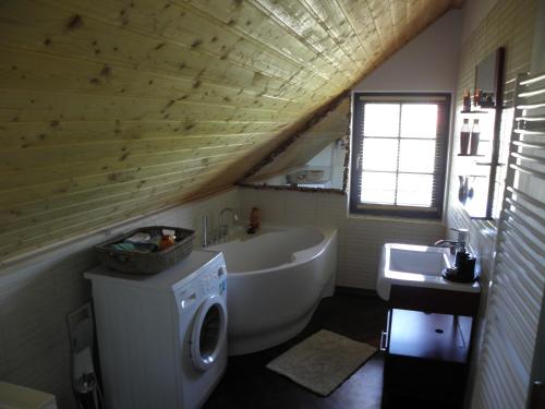 a bathroom with a tub and a sink and a washing machine at Skalny Dom in Stronie Śląskie