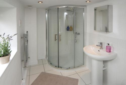 a bathroom with a shower and a sink at Diamond Cottage in Chipping Campden
