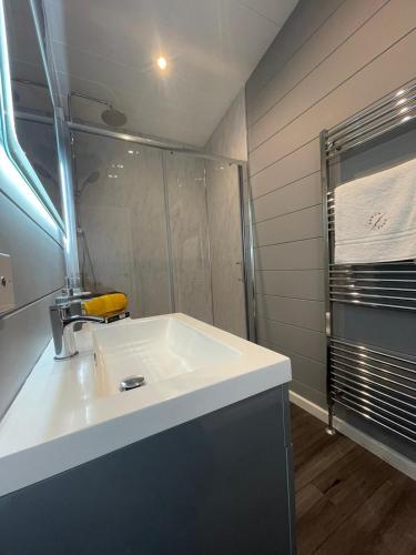 a bathroom with a white sink and a shower at P78 - Studio Pod with Hot Tub in Bethesda